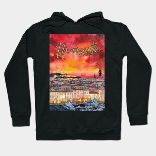 Marseille - Crimson Sunset Cityscape - Watercolor Souvenir Hoodie