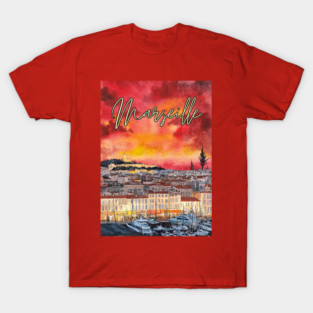 Marseille - Crimson Sunset Cityscape - Watercolor Souvenir T-Shirt