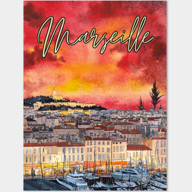 Marseille - Crimson Sunset Cityscape - Watercolor Souvenir Wall Art by TuncGK