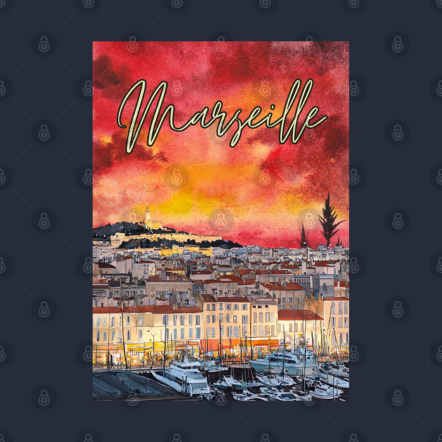 Marseille - Crimson Sunset Cityscape - Watercolor Souvenir by TuncGK