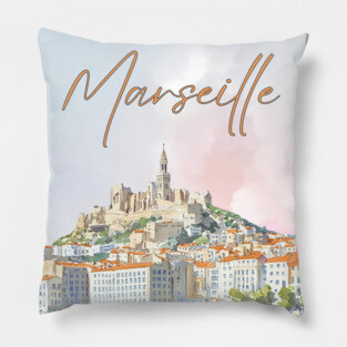 Marseille France - Watercolor Sunset over City Pillow