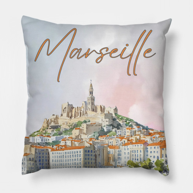 Marseille France - Watercolor Sunset over City Pillow by TuncGK