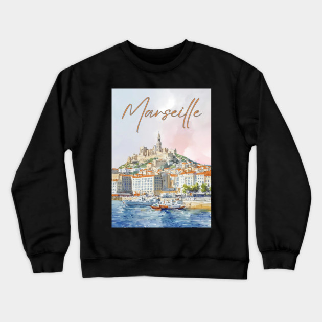 Marseille France - Watercolor Sunset over City Crewneck Sweatshirt by TuncGK