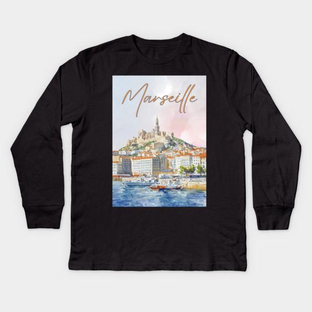 Marseille France - Watercolor Sunset over City Kids Long Sleeve T-Shirt by TuncGK
