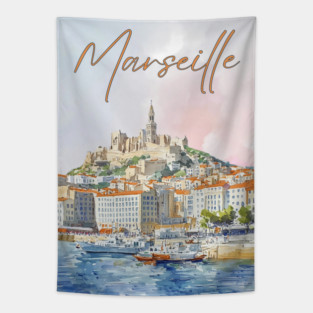 Marseille France - Watercolor Sunset over City Tapestry