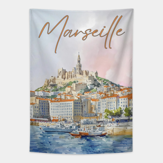 Marseille France - Watercolor Sunset over City Tapestry by TuncGK