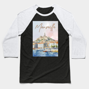 Marseille France - Watercolor Sunset over City Baseball T-Shirt