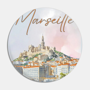 Marseille France - Watercolor Sunset over City Pin