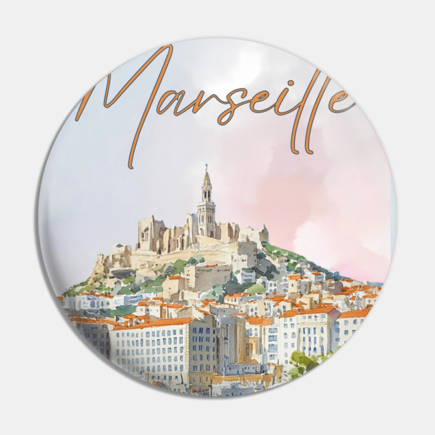 Marseille France - Watercolor Sunset over City Pin by TuncGK