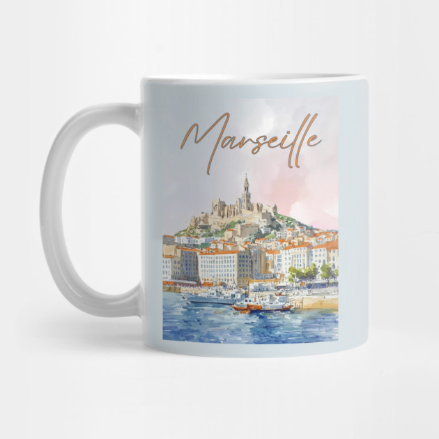 Marseille France - Watercolor Sunset over City by TuncGK