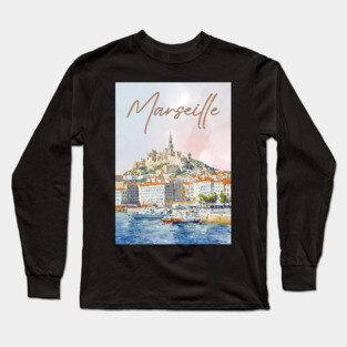Marseille France - Watercolor Sunset over City Long Sleeve T-Shirt