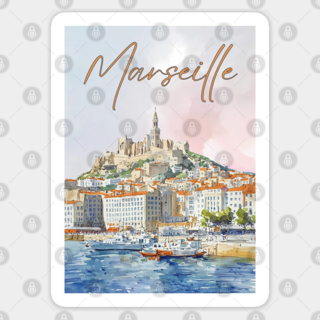 Marseille France - Watercolor Sunset over City Sticker by TuncGK