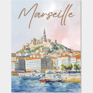 Marseille France - Watercolor Sunset over City Posters and Art