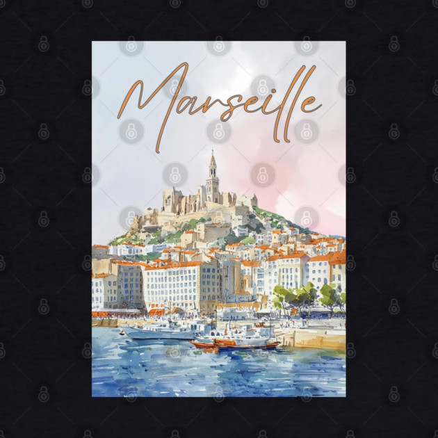 Marseille France - Watercolor Sunset over City by TuncGK