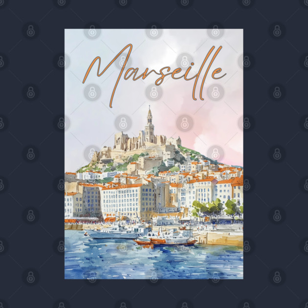 Marseille France - Watercolor Sunset over City by TuncGK