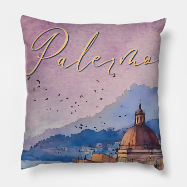 Palermo Italy - Watercolor Sunset - Tourist Souvenir Pillow by TuncGK