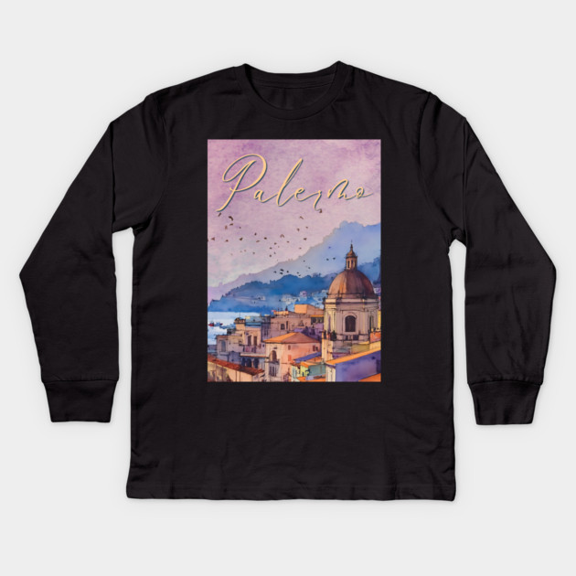 Palermo Italy - Watercolor Sunset - Tourist Souvenir Kids Long Sleeve T-Shirt by TuncGK