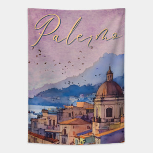 Palermo Italy - Watercolor Sunset - Tourist Souvenir Tapestry