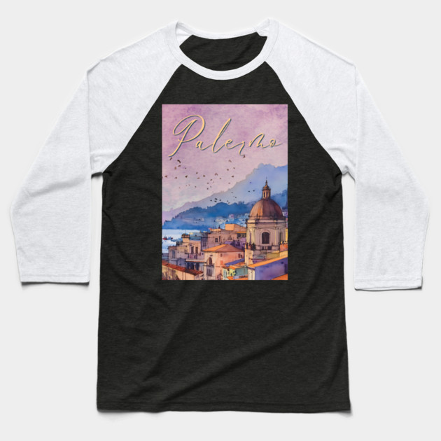 Palermo Italy - Watercolor Sunset - Tourist Souvenir Baseball T-Shirt by TuncGK