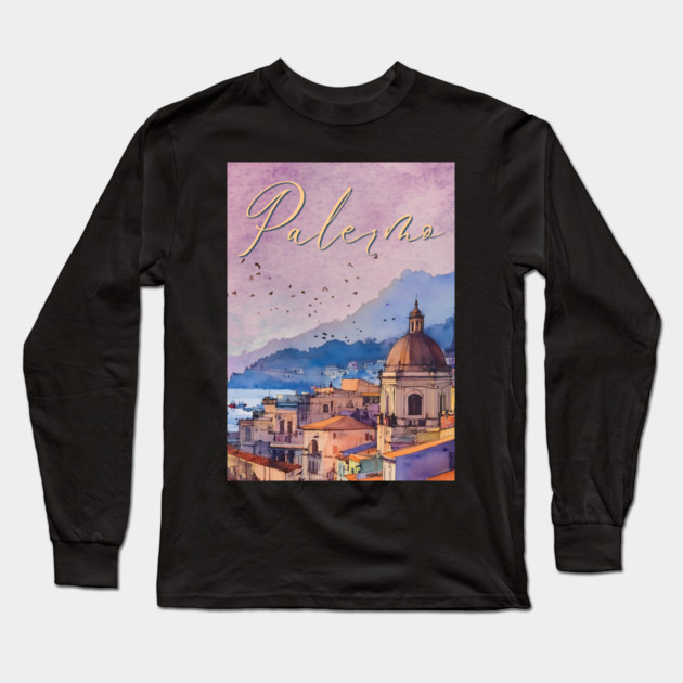 Palermo Italy - Watercolor Sunset - Tourist Souvenir Long Sleeve T-Shirt by TuncGK