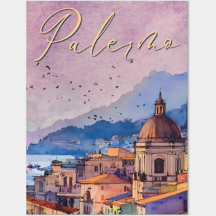Palermo Italy - Watercolor Sunset - Tourist Souvenir Posters and Art