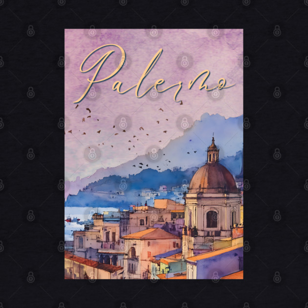 Palermo Italy - Watercolor Sunset - Tourist Souvenir by TuncGK