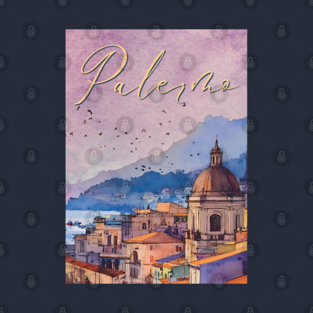 Palermo Italy - Watercolor Sunset - Tourist Souvenir by TuncGK