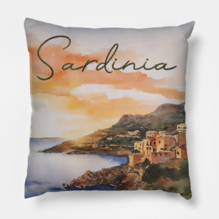 Sardinia Italy - Watercolor Sunset - Tourist Souvenir Pillow