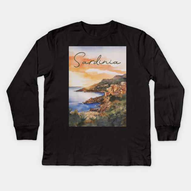 Sardinia Italy - Watercolor Sunset - Tourist Souvenir Kids Long Sleeve T-Shirt by TuncGK