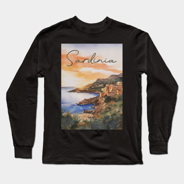 Sardinia Italy - Watercolor Sunset - Tourist Souvenir Long Sleeve T-Shirt by TuncGK
