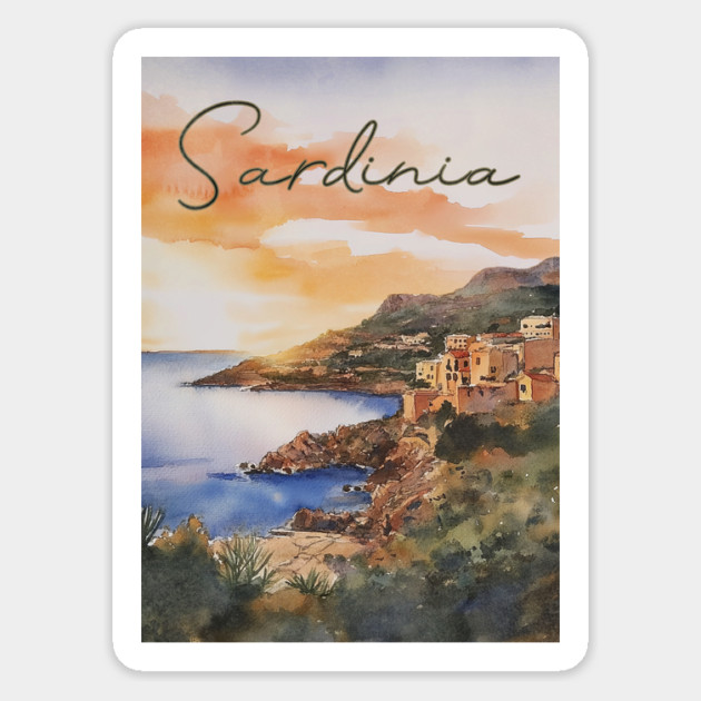 Sardinia Italy - Watercolor Sunset - Tourist Souvenir Magnet by TuncGK