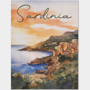 Sardinia Italy - Watercolor Sunset - Tourist Souvenir Posters and Art