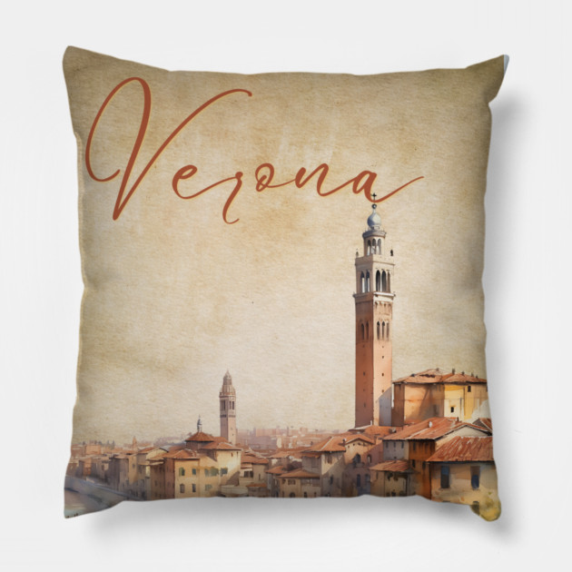 Verona Italy - Watercolor Sunset - Tourist Souvenir Pillow by TuncGK