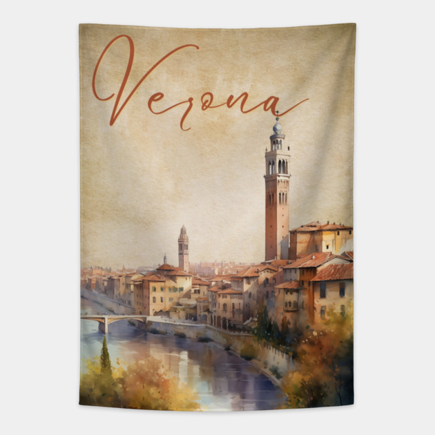 Verona Italy - Watercolor Sunset - Tourist Souvenir Tapestry by TuncGK