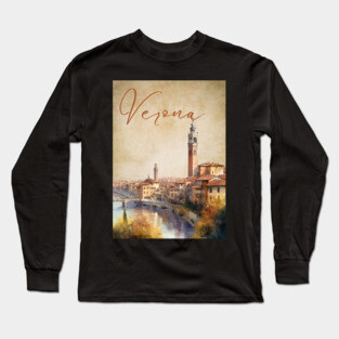 Verona Italy - Watercolor Sunset - Tourist Souvenir Long Sleeve T-Shirt