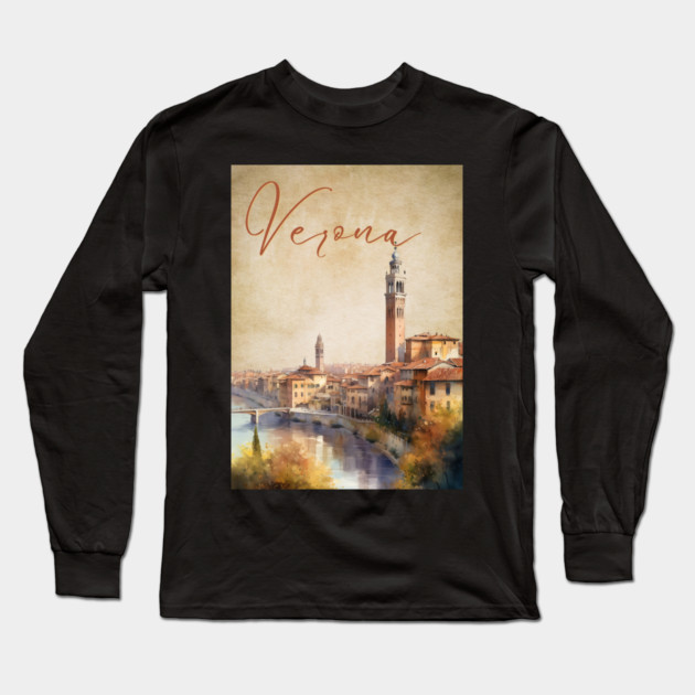 Verona Italy - Watercolor Sunset - Tourist Souvenir Long Sleeve T-Shirt by TuncGK