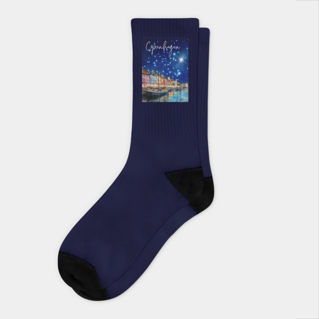 Copenhagen Nightscape Watercolor Poster – Nordic City Print Socks by TuncGK