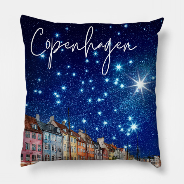 Copenhagen Nightscape Watercolor Poster – Nordic City Print Pillow by TuncGK