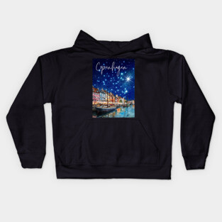 Copenhagen Nightscape Watercolor Poster – Nordic City Print Kids Hoodie