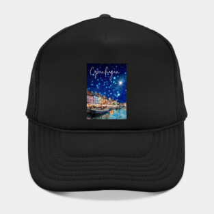Copenhagen Nightscape Watercolor Poster – Nordic City Print Hat