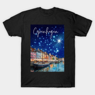 Copenhagen Nightscape Watercolor Poster – Nordic City Print T-Shirt