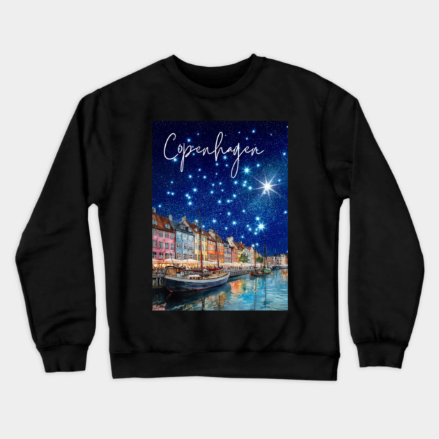 Copenhagen Nightscape Watercolor Poster – Nordic City Print Crewneck Sweatshirt by TuncGK