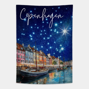 Copenhagen Nightscape Watercolor Poster – Nordic City Print Tapestry