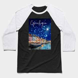 Copenhagen Nightscape Watercolor Poster – Nordic City Print Baseball T-Shirt