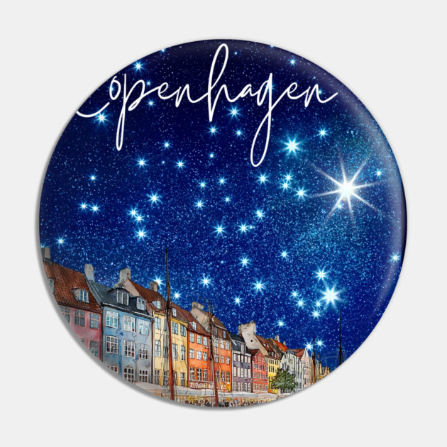 Copenhagen Nightscape Watercolor Poster – Nordic City Print Pin by TuncGK