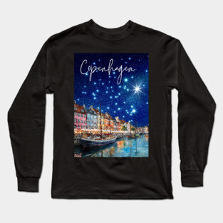 Copenhagen Nightscape Watercolor Poster – Nordic City Print Long Sleeve T-Shirt