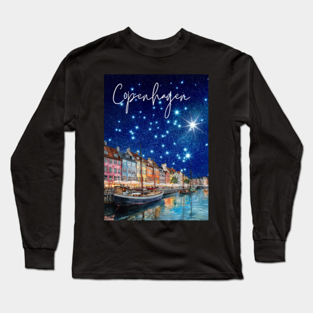 Copenhagen Nightscape Watercolor Poster – Nordic City Print Long Sleeve T-Shirt by TuncGK
