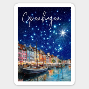 Copenhagen Nightscape Watercolor Poster – Nordic City Print Sticker