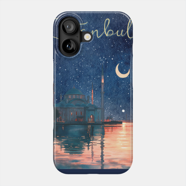 Istanbul Night Sky Travel Poster – Watercolor Cityscape Art Phone Case by TuncGK