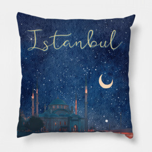Istanbul Night Sky Travel Poster – Watercolor Cityscape Art Pillow